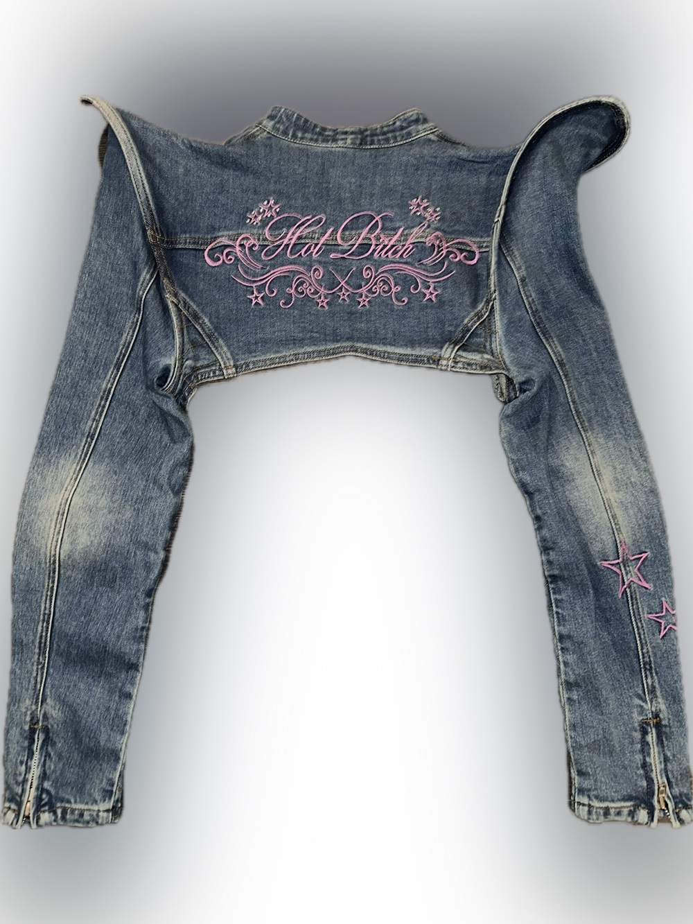Namilia Denim Bolero Shrug with Pink Embroidery - Hot B**ch